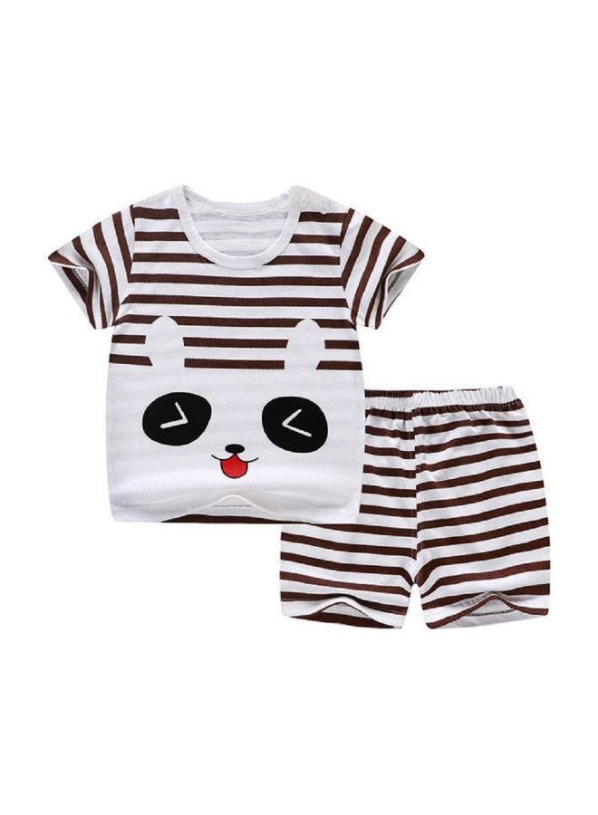 طقم مكون من شورت وتيشيرت مزين بطبعة رسومات كرتونية أبيض/أسود/بني - Image 1