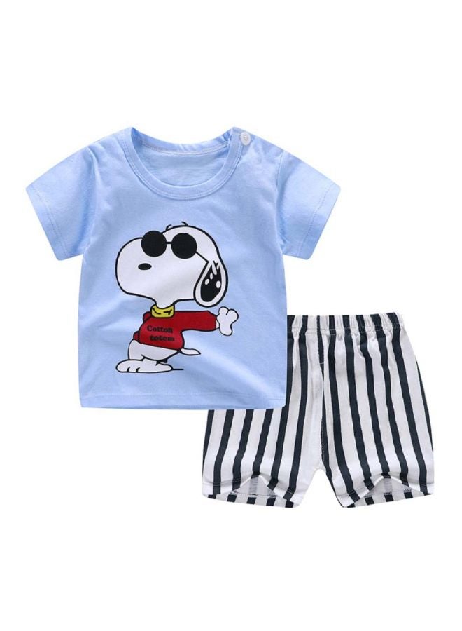 طقم شورت وتيشيرت مزين بطبعة مكوّن من قطعتين أزرق/أبيض/أحمر