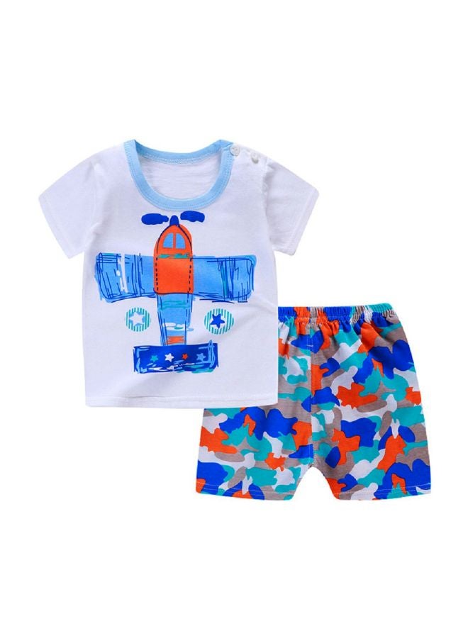Aeroplane Printed T-Shirt And Short Set White/Blue/Orange - Image 1