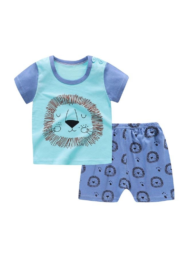 Lion Printed T-Shirt And Short Set Blue/Brown/Black - Image 1