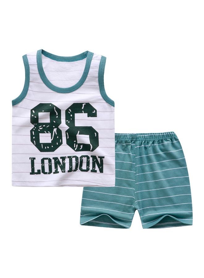 2-Piece Printed Vest And Shorts Set White/Green