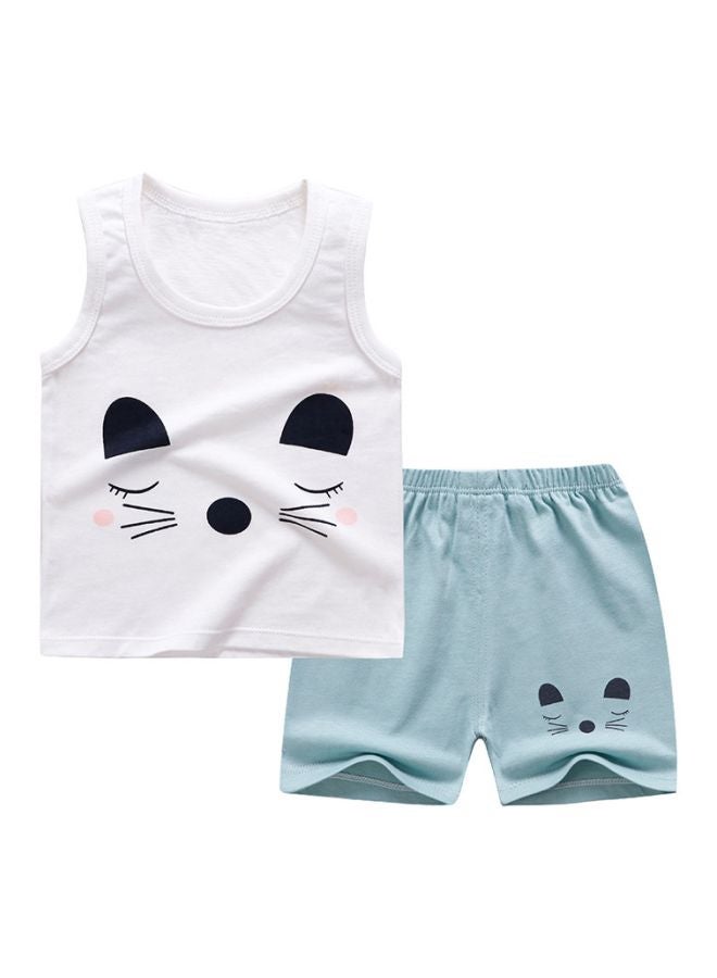 2-Piece Printed Vest And Shorts Set White/Light Green