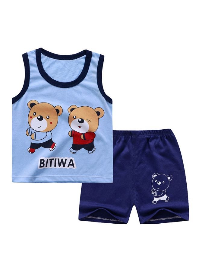 2-Piece Bitiwa Printed Vest And Shorts Set Blue/Beige/Red