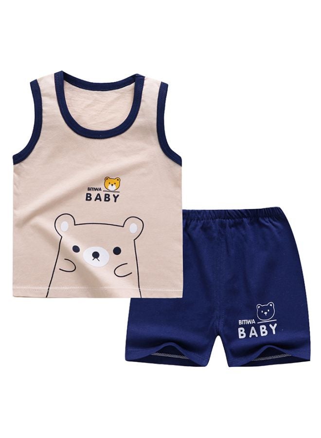 طقم مكون من قطعتين عبارة عن شورت وفيست بطبعة رسومات كرتونية بني/أزرق/أبيض - Image 1