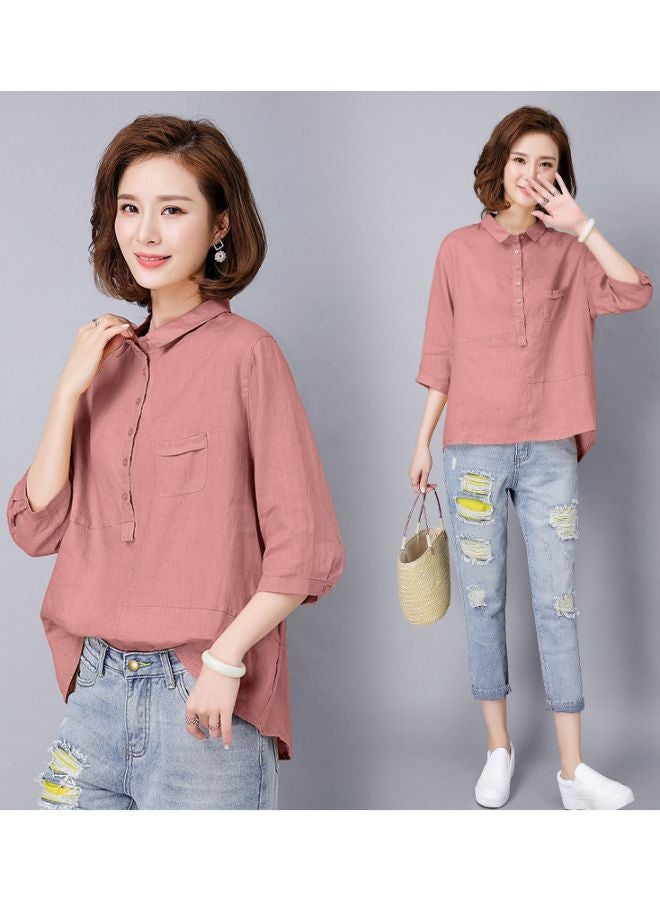 بلوزة سادة بأكمام قصيرة وردي - Image 2