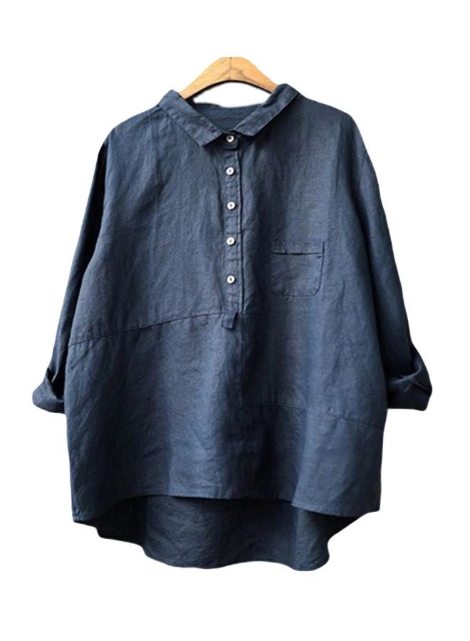 بلوزة مزينة بأزرار أمامية بتصميم سادة أزرق كحلي - Image 1