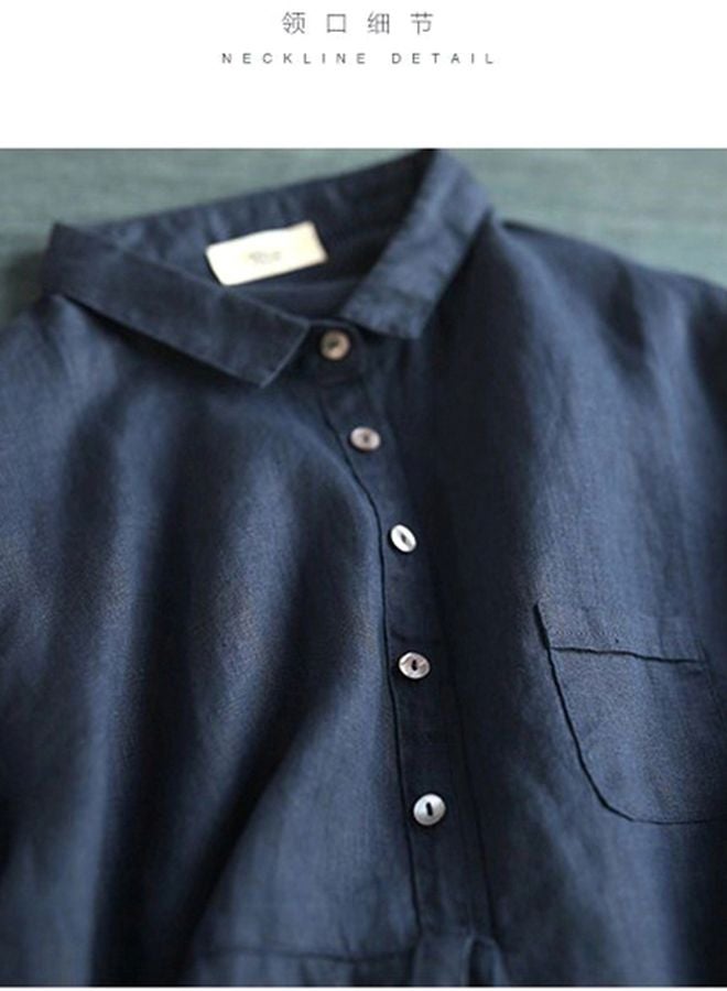 بلوزة مزينة بأزرار أمامية بتصميم سادة أزرق كحلي - Image 2