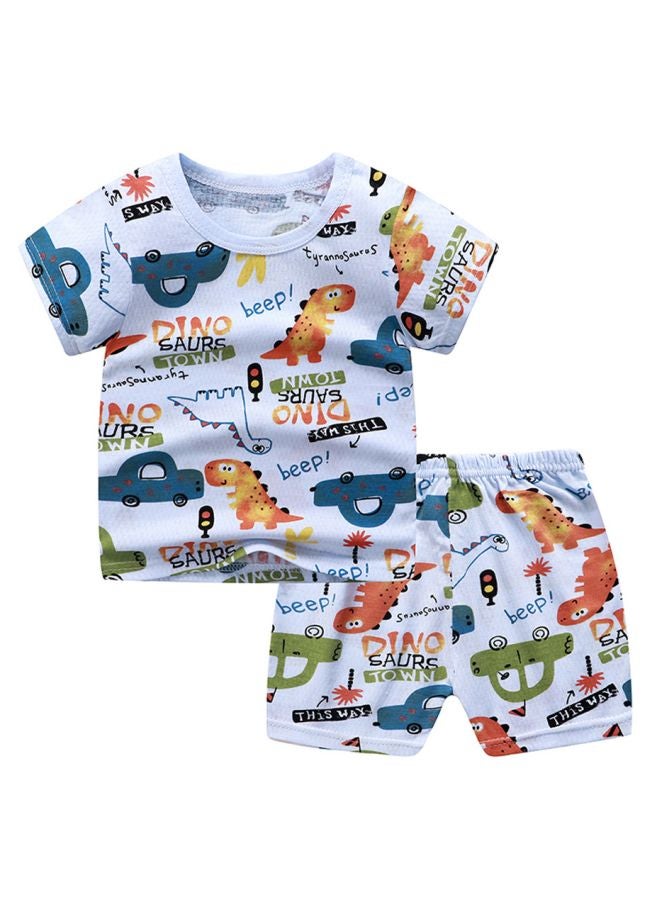 Cartoon Animal Printed T-Shirt And Shorts Set White/Orange/Blue - Image 1