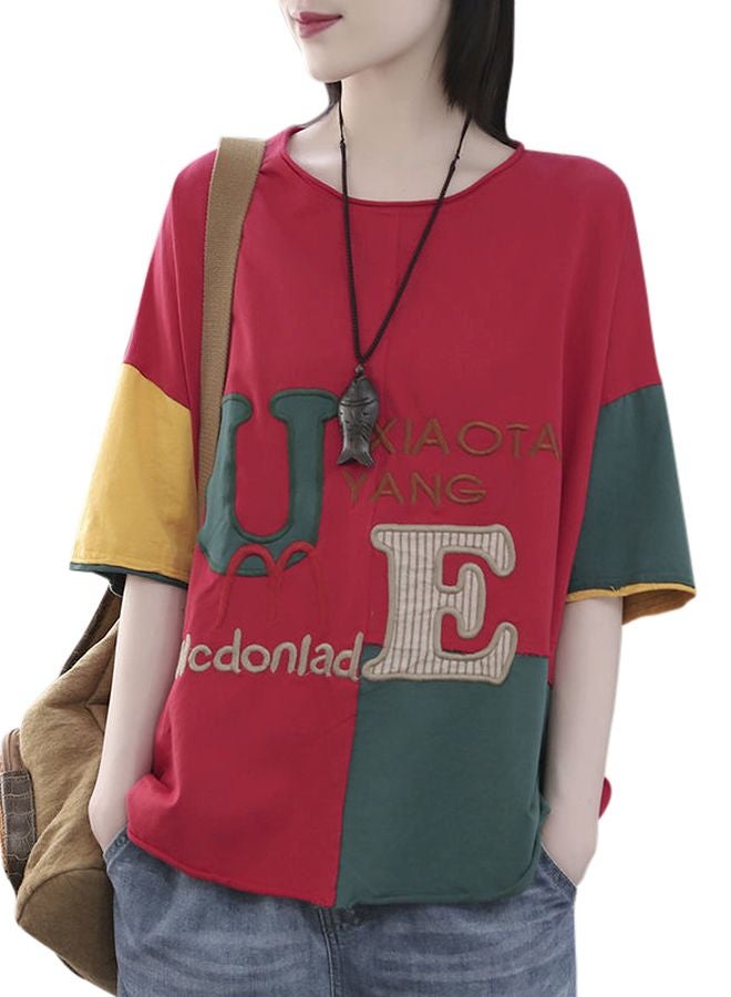 Letter Embroidered T-Shirt Red/Green/Yellow - Image 1