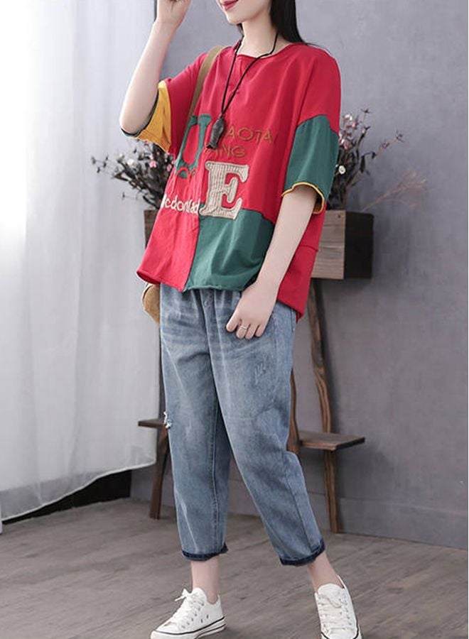 Letter Embroidered T-Shirt Red/Green/Yellow - Image 2