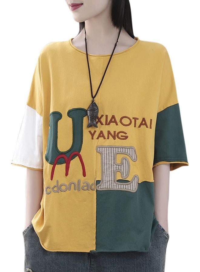 Letter Embroidered T-Shirt Yellow/Green/Red - Image 1
