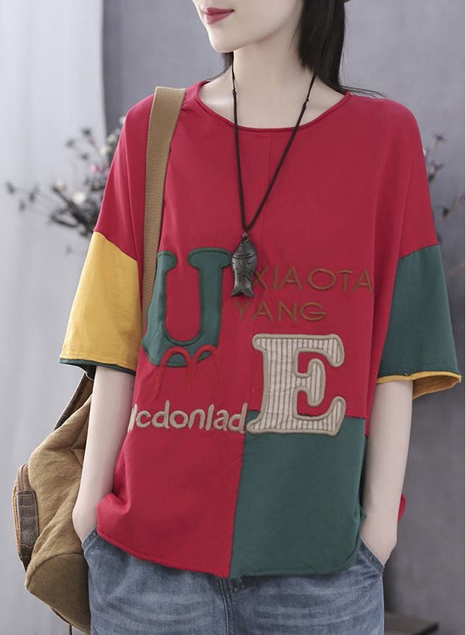 Letter Embroidered T-Shirt Red/Green/Yellow - Image 3