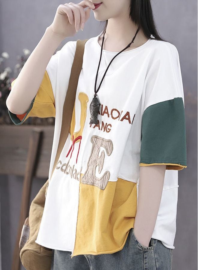 Letter Embroidered T-Shirt White/Yellow/Green - Image 2