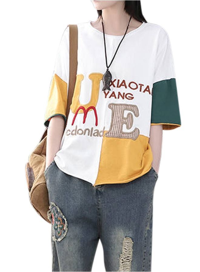 Letter Embroidered T-Shirt White/Yellow/Green - Image 1