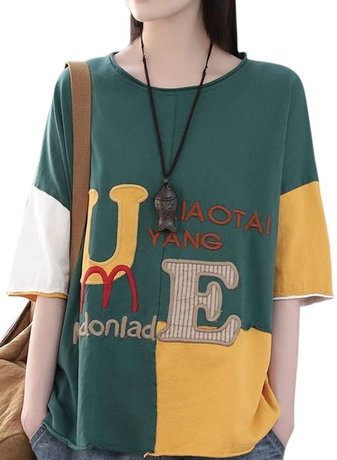 Letter Embroidered T-Shirt Dark Green/Yellow/Red - Image 1