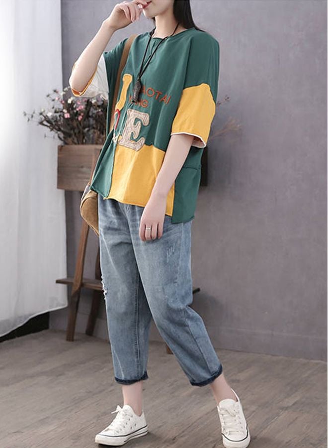 Letter Embroidered T-Shirt Dark Green/Yellow/Red - Image 2