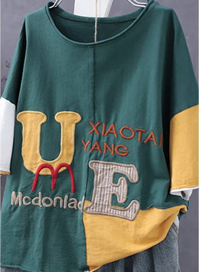 Letter Embroidered T-Shirt Dark Green/Yellow/Red - Image 3
