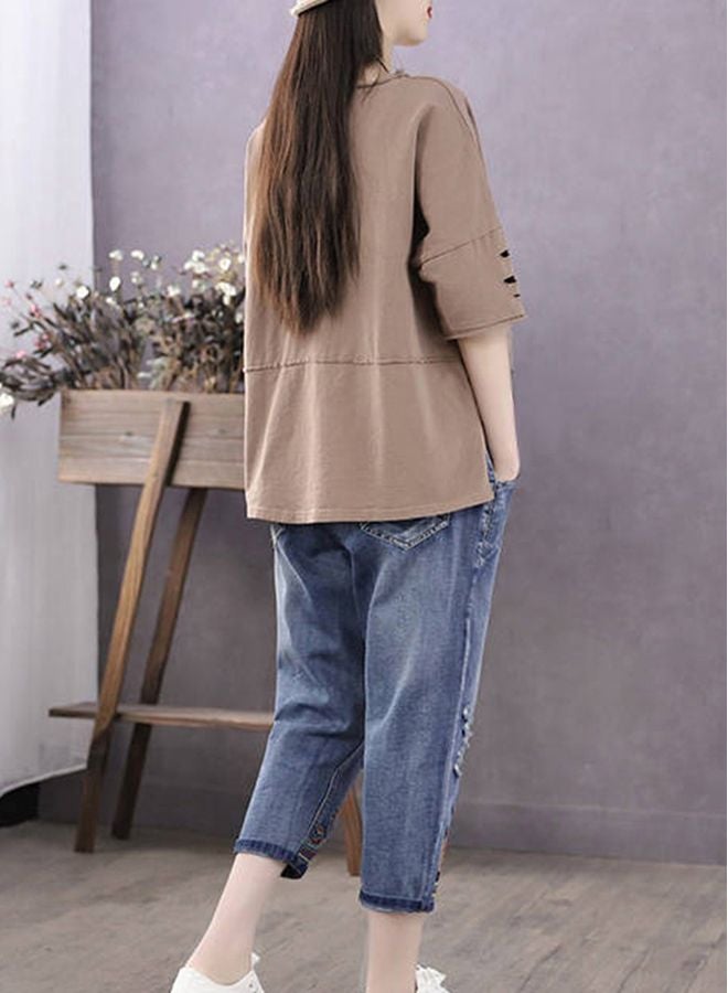 Happy Time Embroidered T-Shirt Khaki  - Image 2
