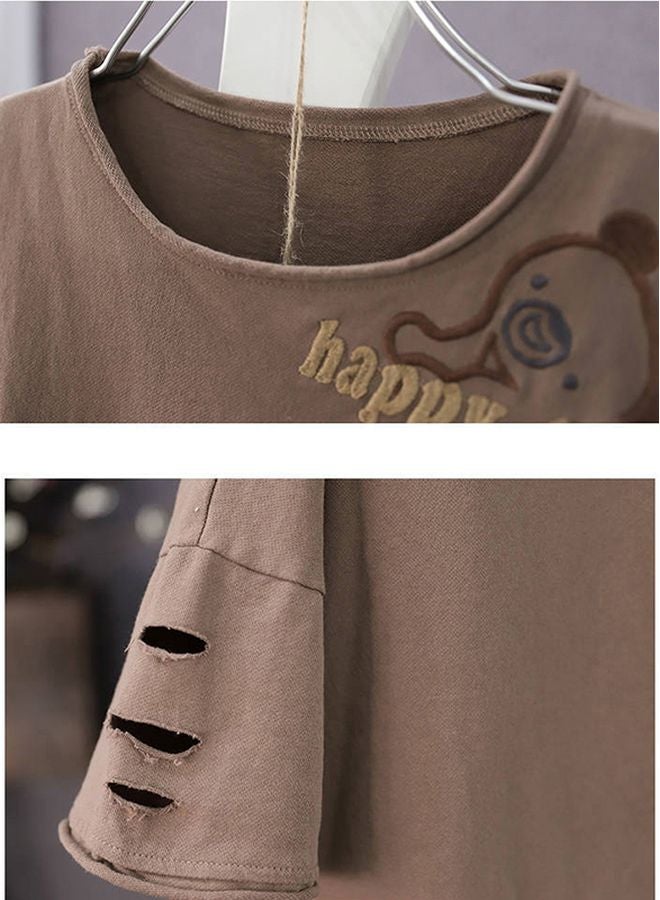 Happy Time Embroidered T-Shirt Khaki  - Image 3