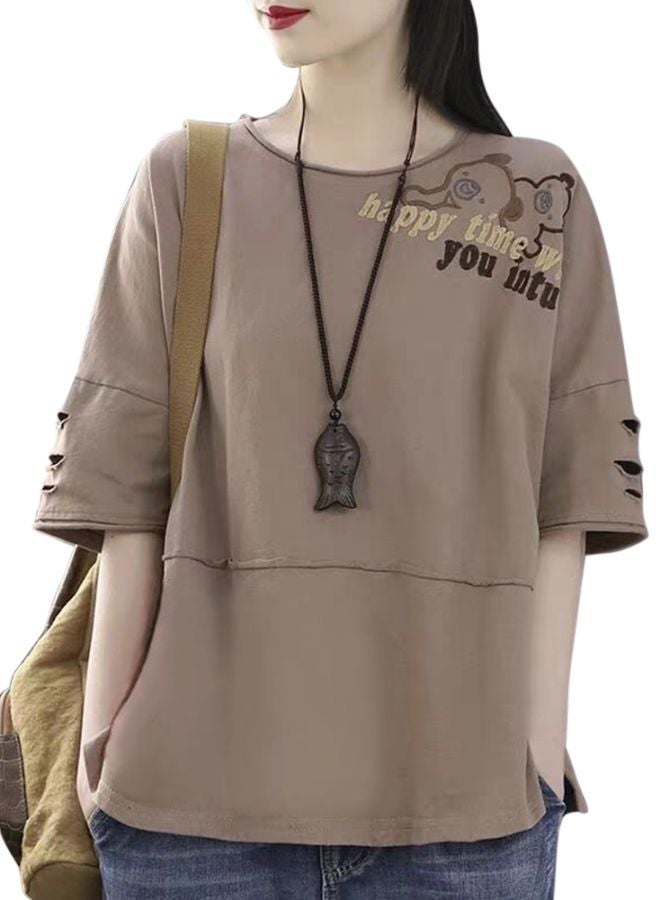 Happy Time Embroidered T-Shirt Khaki  - Image 1