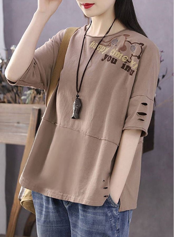 Happy Time Embroidered T-Shirt Khaki  - Image 4