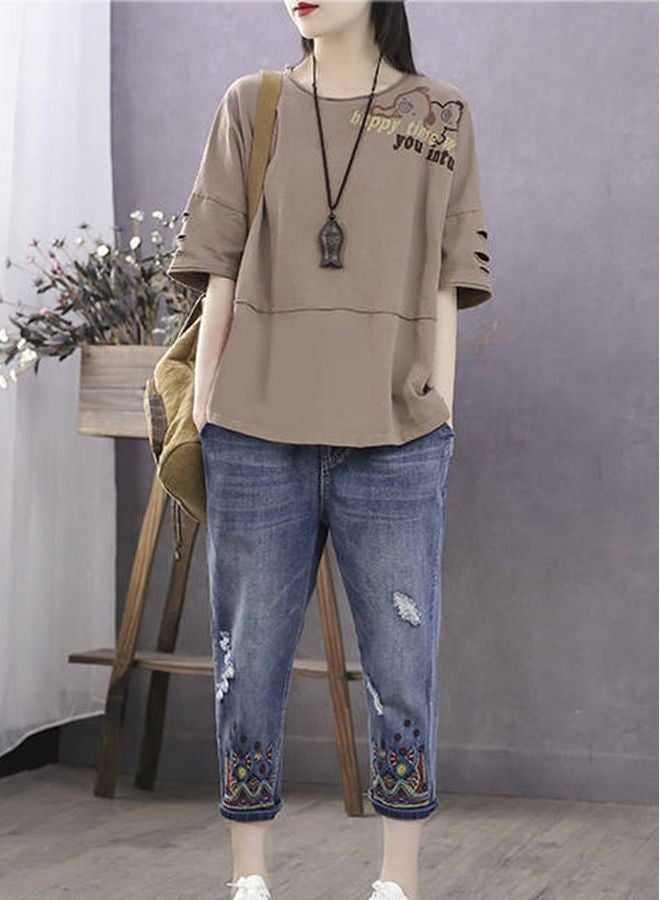 Happy Time Embroidered T-Shirt Khaki  - Image 5
