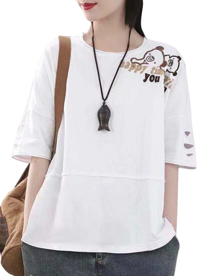 Happy Time Embroidered T-Shirt White - Image 1