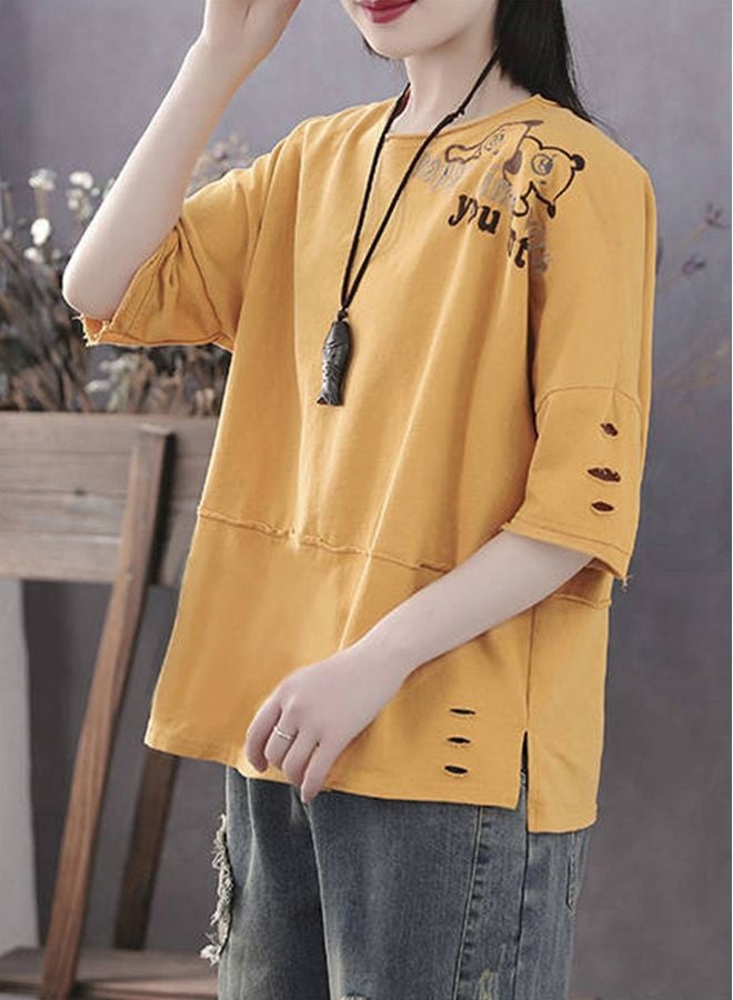 Happy Time Embroidered T-Shirt Turmeric - Image 2