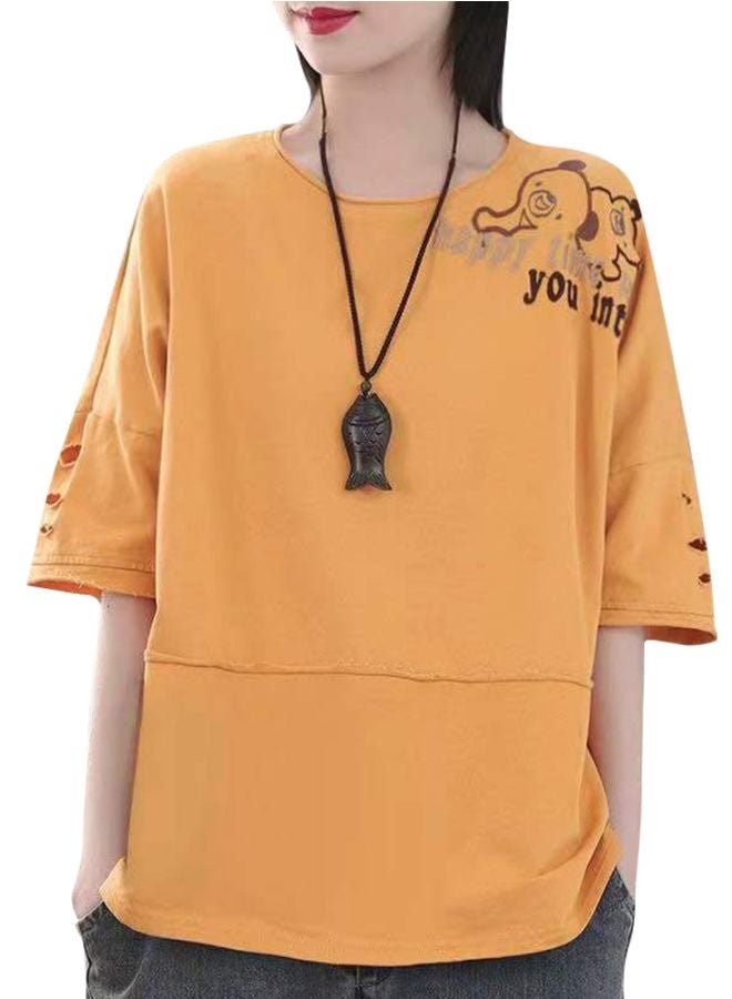 Happy Time Embroidered T-Shirt Turmeric - Image 1