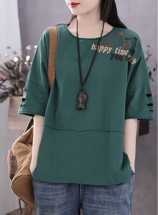 تيشيرت مطرز بعبارة "Happy Time" أخضر داكن - Image 2