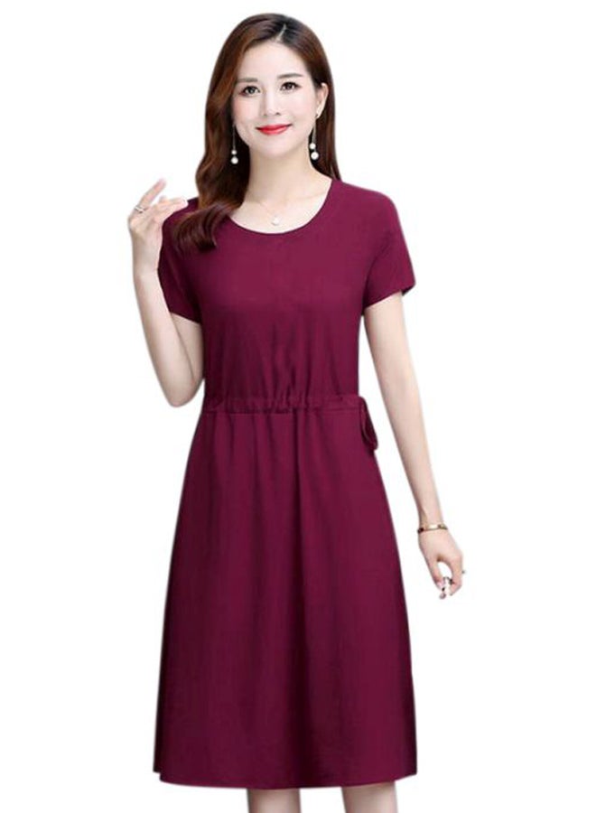 Solid Waist Tie Detail Midi Dress Wine Red  - Image 1