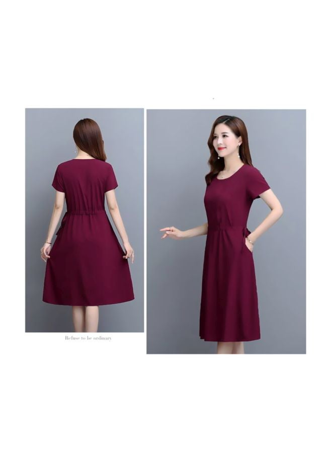 Solid Waist Tie Detail Midi Dress Wine Red  - Image 2