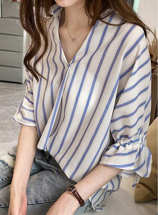 Striped Collar Neck Blouse White/Light Blue  - Image 2