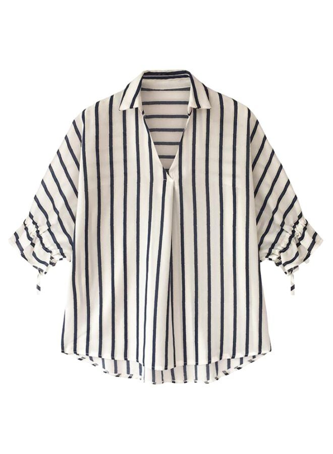 Striped Collar Neck Blouse White/Navy Blue - Image 1
