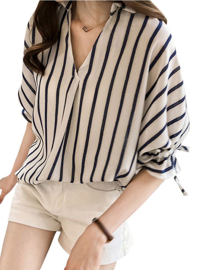 Striped Collar Neck Blouse White/Navy Blue - Image 2