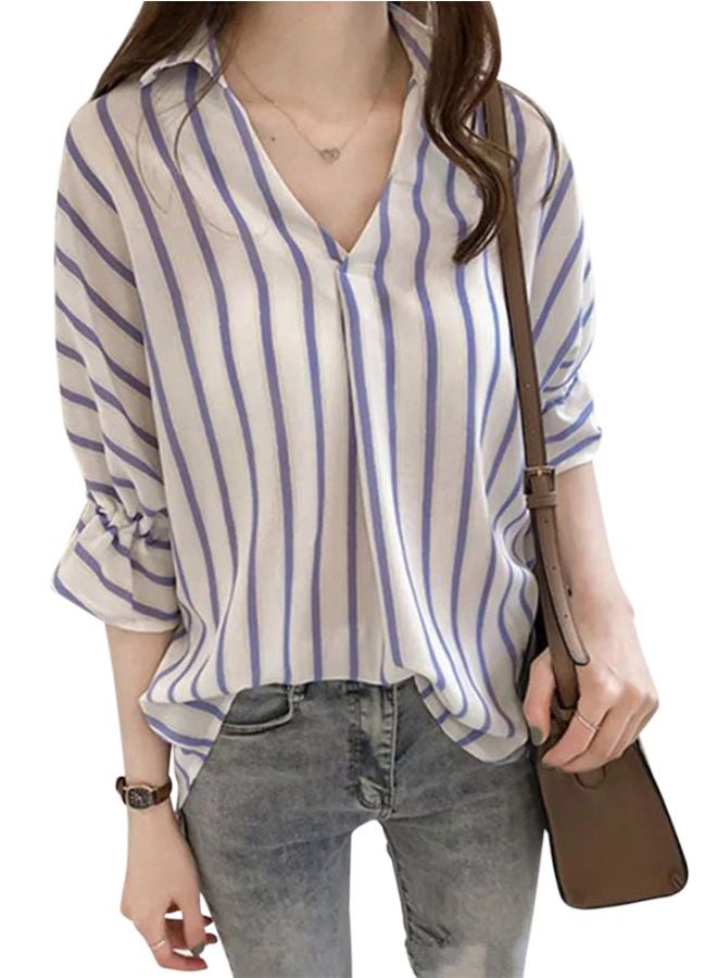 Striped Collar Neck Blouse White/Light Blue  - Image 1