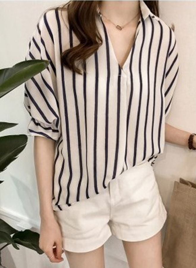 Striped Collar Neck Blouse White/Navy Blue - Image 3