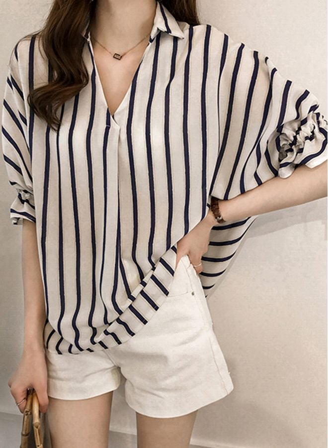 Striped Collar Neck Blouse White/Navy Blue - Image 4