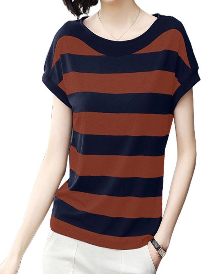 Boat Neck Striped T-Shirt Blue/Brown 