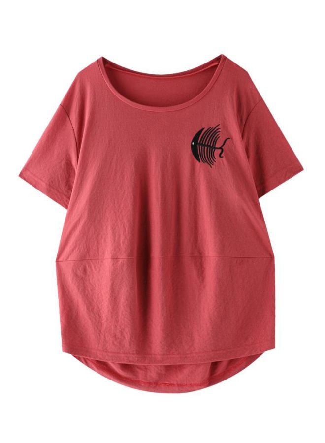 Round Neck Embroidered T-Shirt Watermelon Red - Image 1