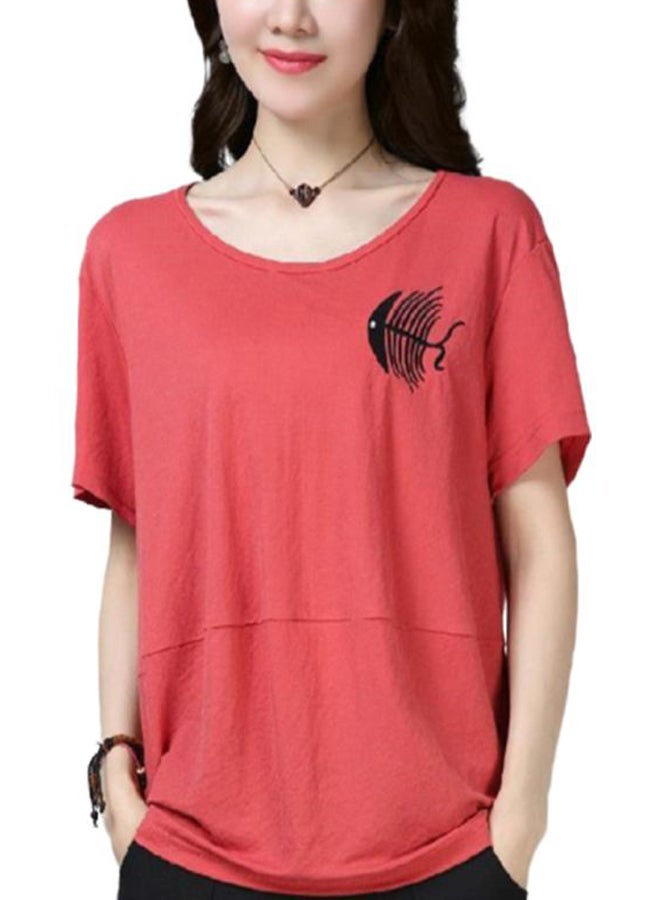 Round Neck Embroidered T-Shirt Watermelon Red - Image 2