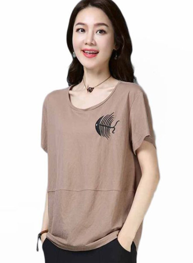 Round Neck Embroidered T-Shirt Khaki  - Image 1