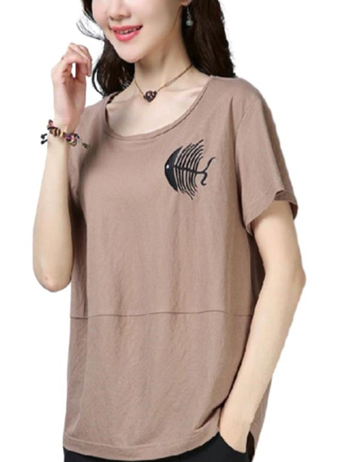 Round Neck Embroidered T-Shirt Khaki  - Image 2