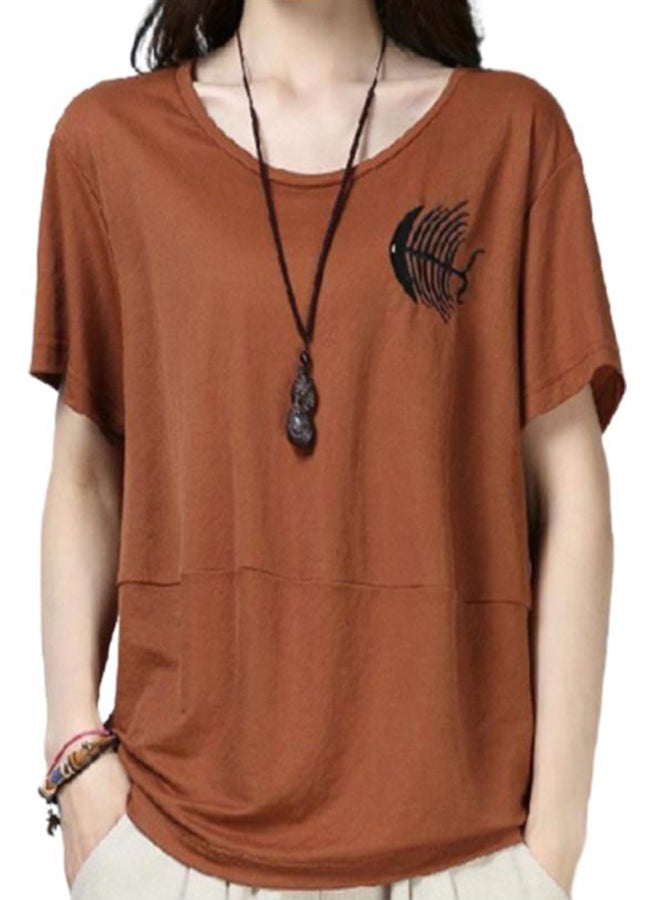 Round Neck Embroidered T-Shirt Camel 