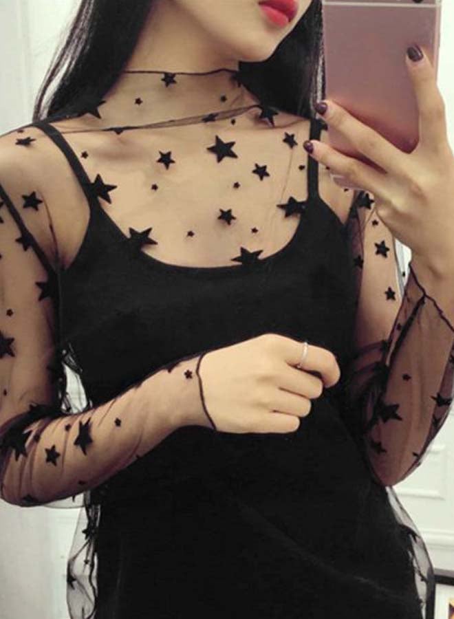 Star Printed Long Sleeves T-Shirt Black - Image 4
