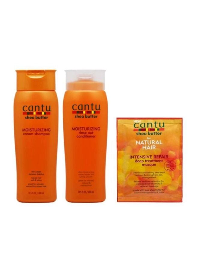 Cantu - Pack Of 3 Shea Butter Hair Treatment Set Moisturizing Cream Shampoo 400, Moisturizing Rinse Out Conditioner 400, Intensive Repair Deep Treatment Masque 51ml - Image 1