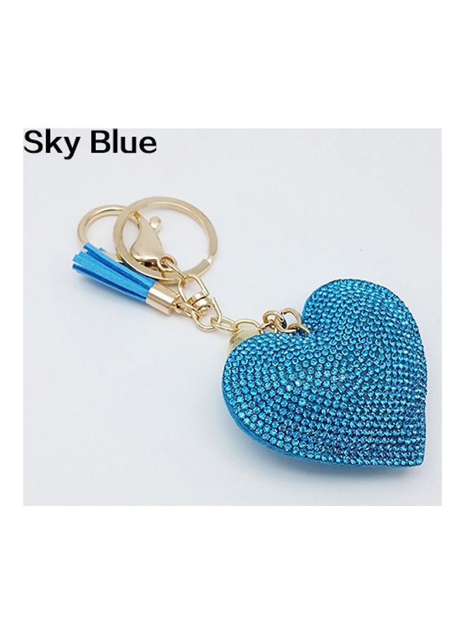 Rhinestone Love Heart Charm Pendant Fringe Keychain Sky Blue - Image 1