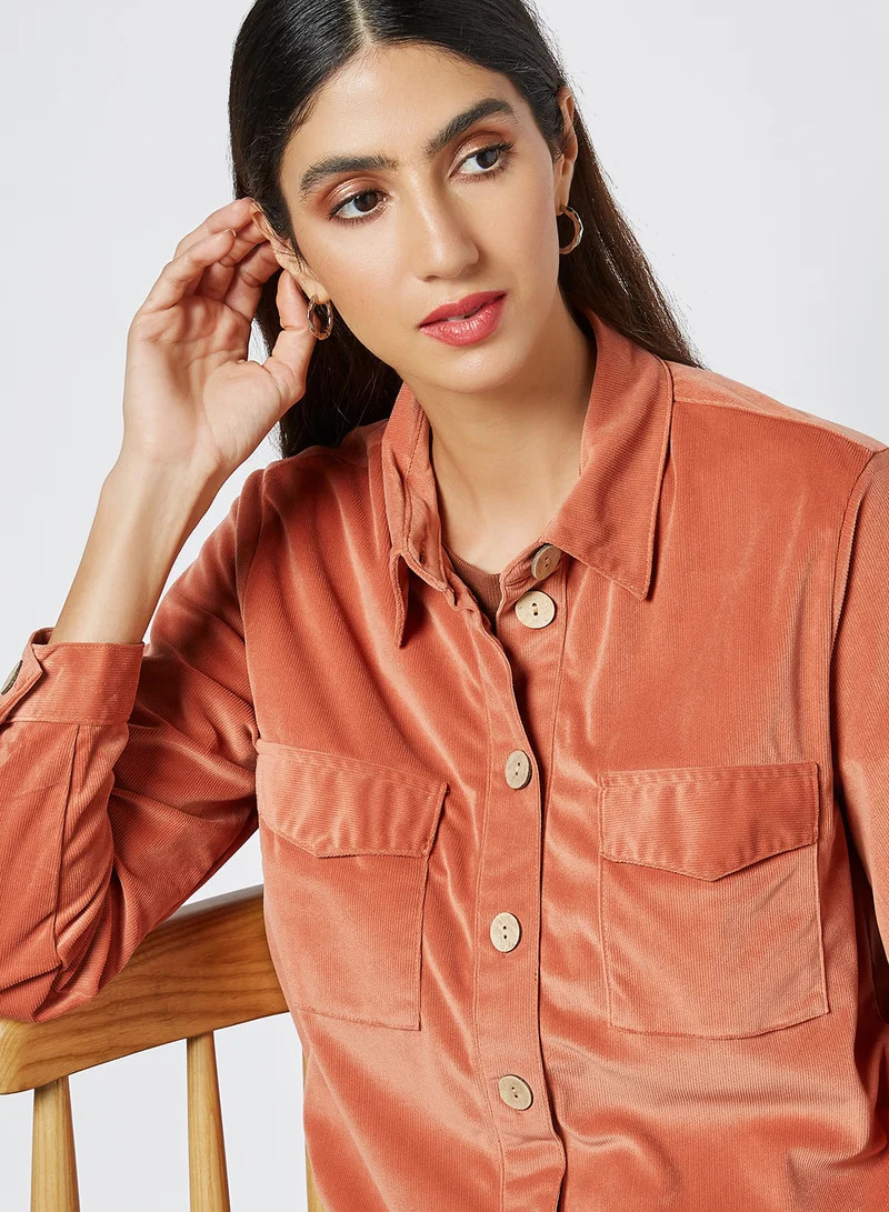 Jacqueline de Yong Corduroy Front Pocket Shirt Bruschetta