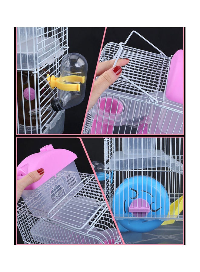 Double Layer Villa Shape Iron Wire Cage with Feeding Bowl Running Wheel Slide Toy for Pet Hamster Pink 25*25*25cm  - Image 3