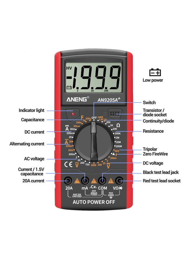 Generic - Aneng An9205a+True-rms Digital Multimeter Transistor Tester Capacitor Tester Automotive Electrical Capacitance Meter Temp Diode red 20*20*20cm - Image 1